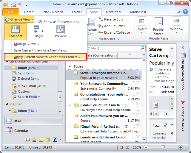 how do i change folder view in outlook 365