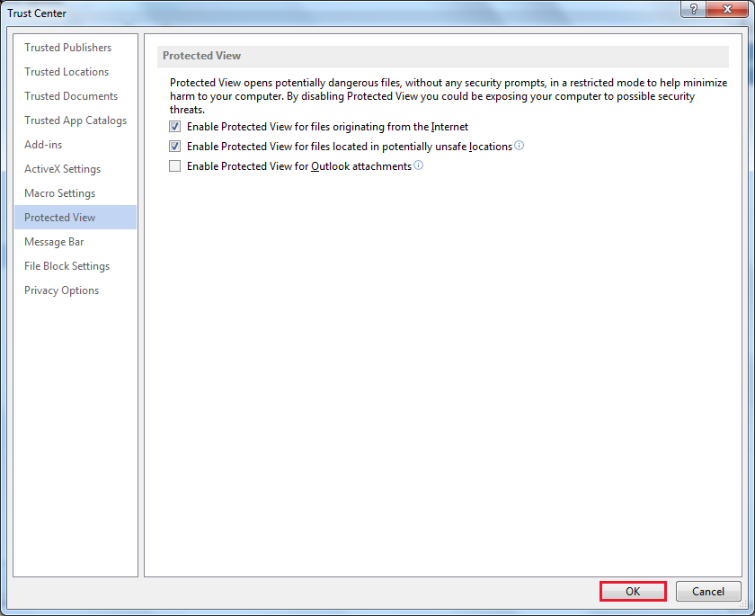 enabled protected view for outlook attachments