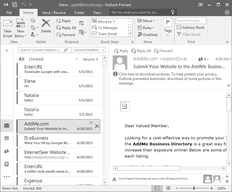 First screen of MS Outlook