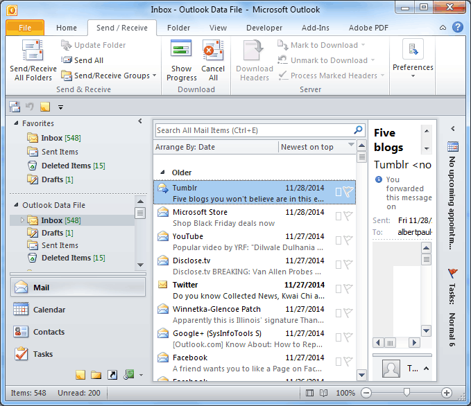 Open Send Receive Menu