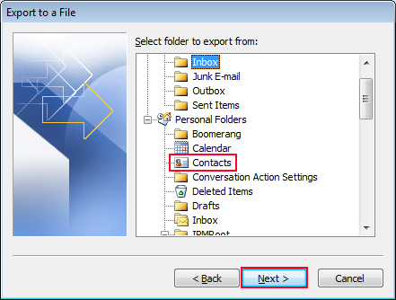 Select Outlook contact folder