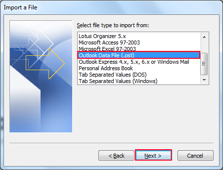 Select Outlook data file option