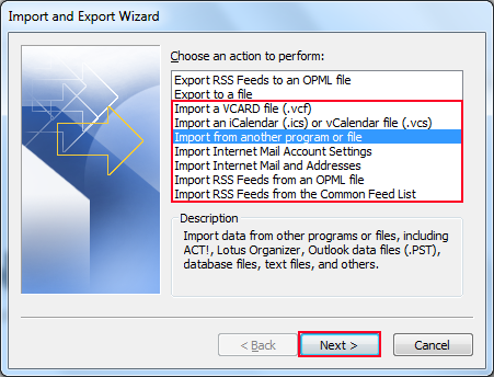 Select required option to import