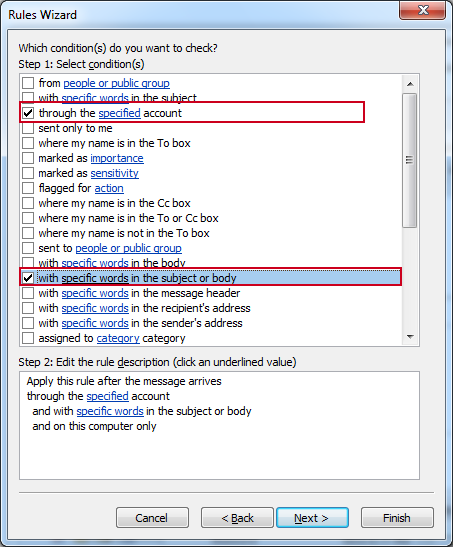 specify conditions for rule