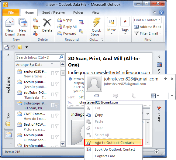 how to add an email to outlook contacts