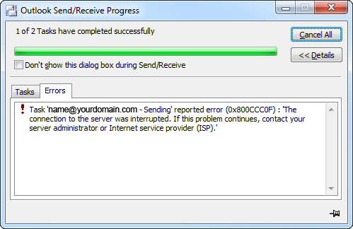 Outlook error 0x800ccc0f