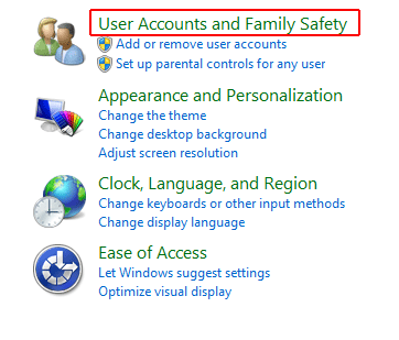 Click on User Accounts and Family Safety