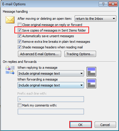 Save Copies of Messages in sent items folder