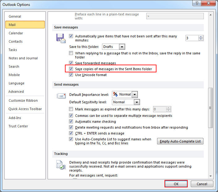 Save Copies of Messages in Sent items folder