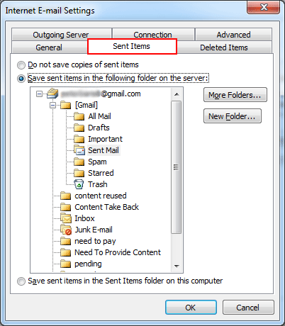 Select Sent items folder tab