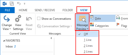 outlook 2013 message preview