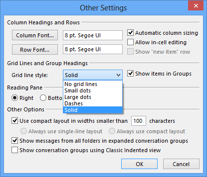 Outlook 2013 other settings gridlines