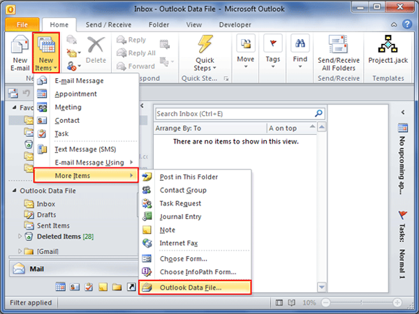 create outlook personal folders