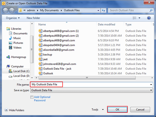 select outlook data file