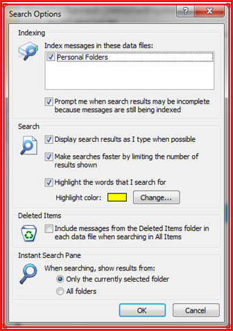 search options window