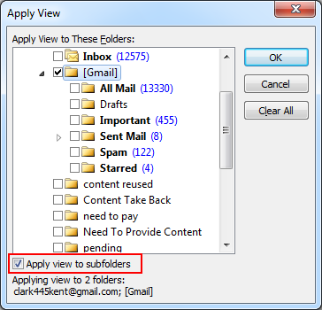 select the Apply view to subfolders options